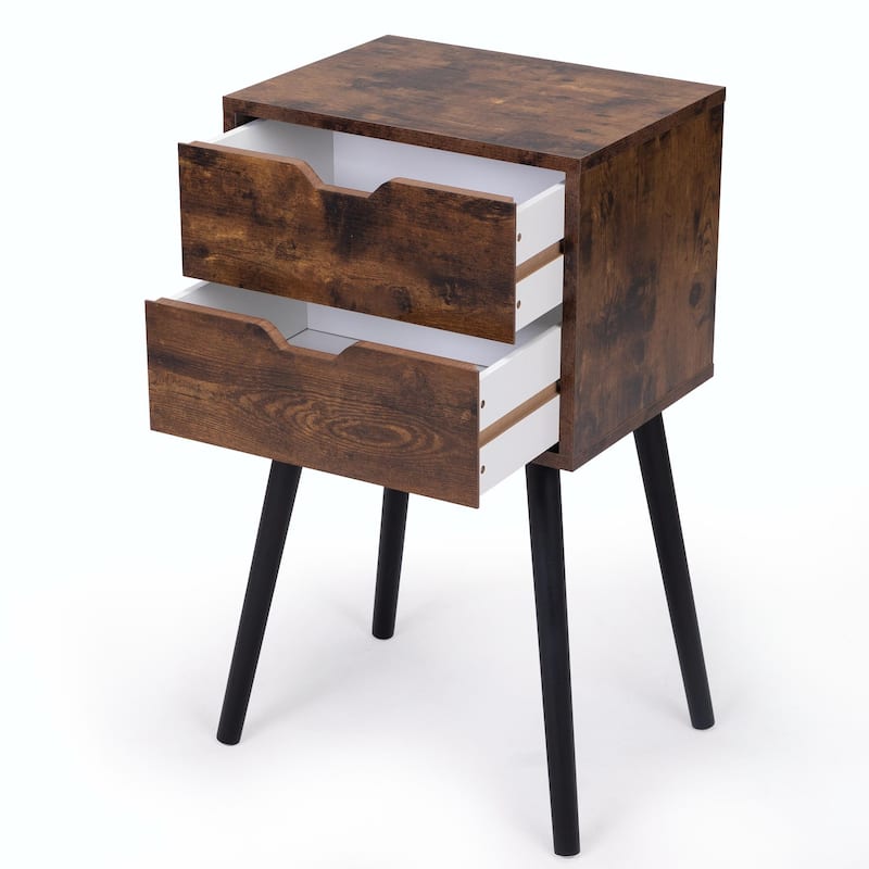 Nightstand with 2 Drawers, Solid Wood Legs, Bedside Table