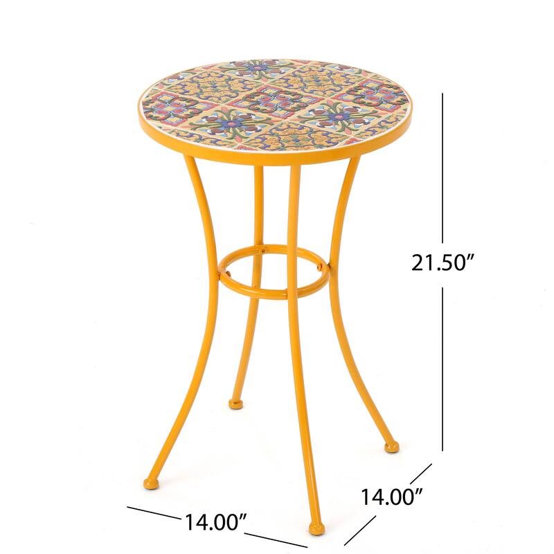 Outdoor Side Table with Tile Mosaic Table Top and Metal Legs, Yellow - 11.02