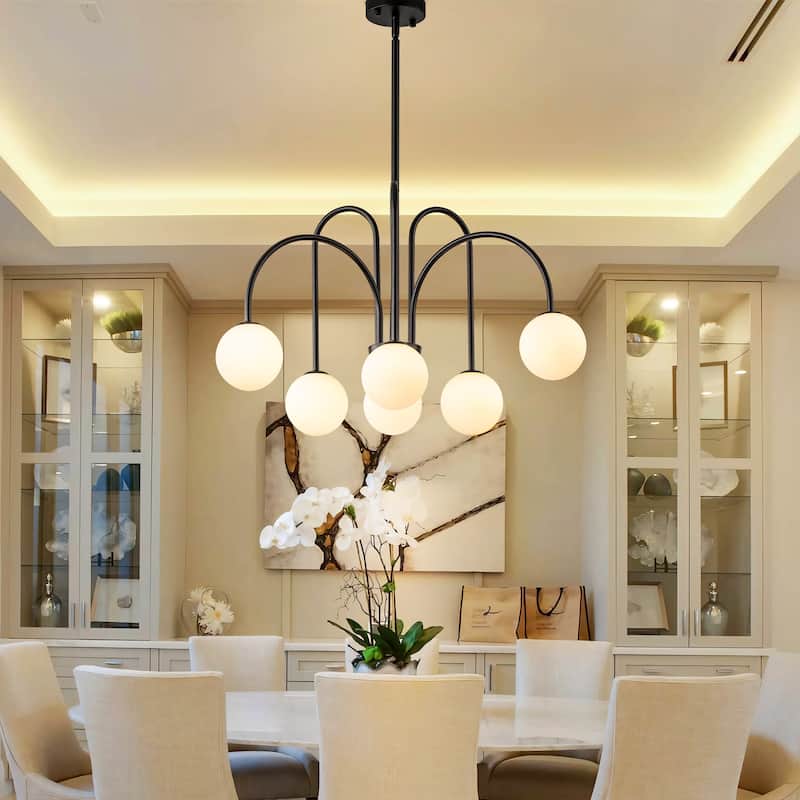 6-Light Modern Linear Sputnik Branch Frosted Glass Globe Chandelier for Dining Room - Black