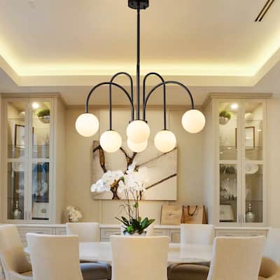 6-Light Modern Linear Sputnik Branch Frosted Glass Globe Chandelier for Dining Room