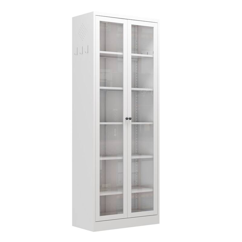 Storage Cabinet with 5 Adjustable Shelves, Heavy Duty Kitchen Pantry Cabinet, Freestanding Cabinet with 2 Glass Doors