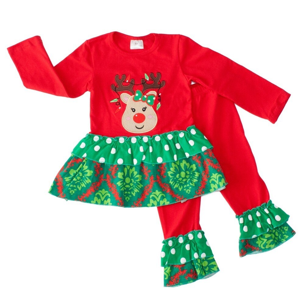 Shop Little Girls Red Green Polka Dot Reindeer Christmas 2 Pc Pant Outfit 6 Overstock 20271727