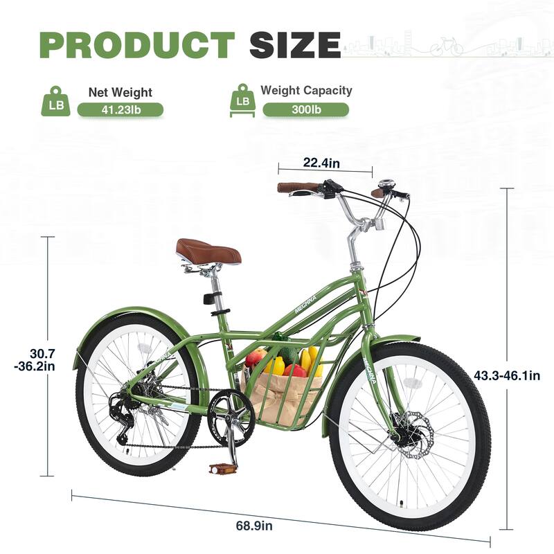 24 Inch Comfort Bike Urban Commuter Bicycles, 6 Speed Road Bicycles w/Dual Disc Brakes, Steel Frame for Teens, 16 Years and Up