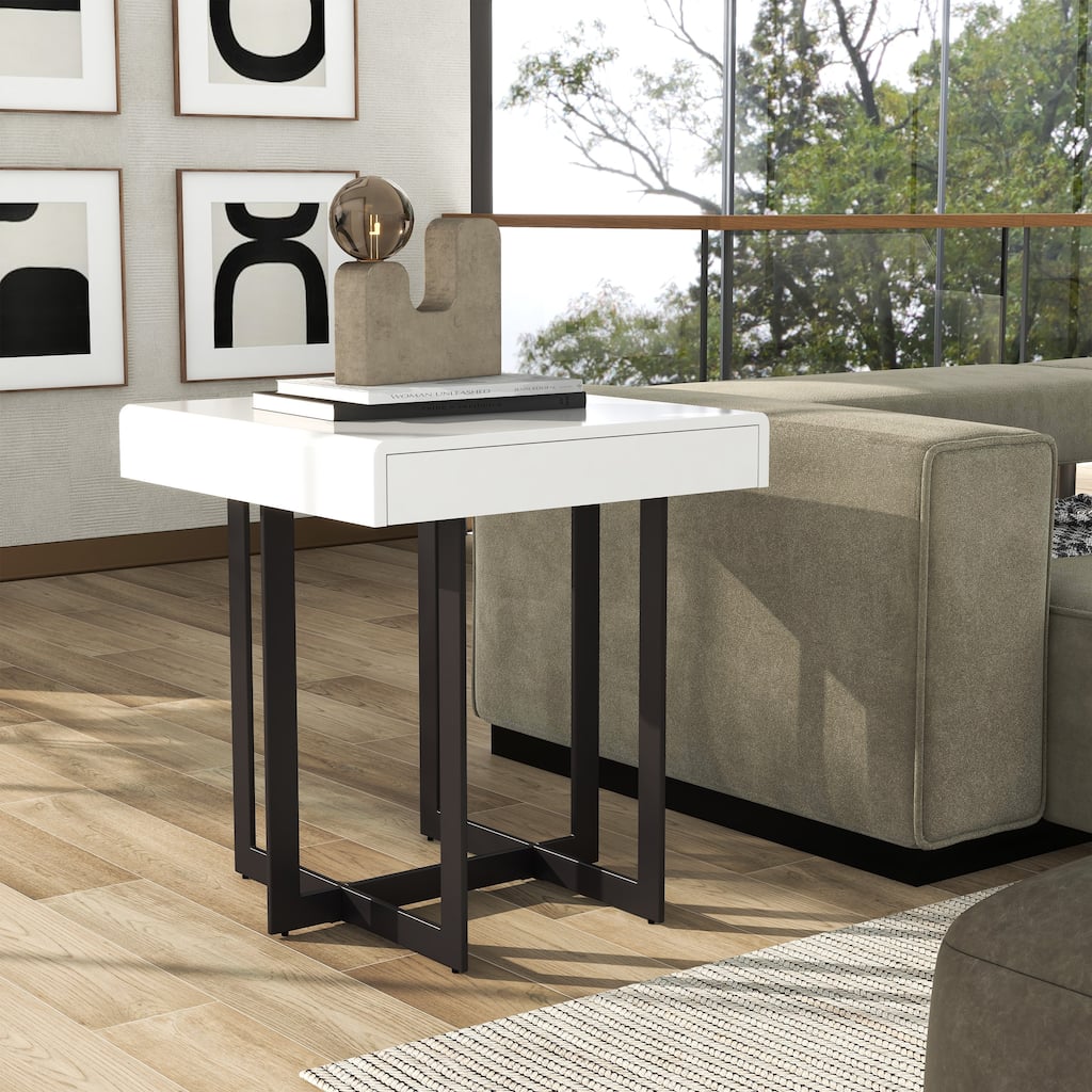 DH BASIC Modern White High Gloss Steel Hidden Drawer End Table by Denhour