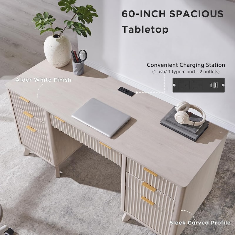 Modern Executive Desk with Charging Station, Home Office Computer Desk