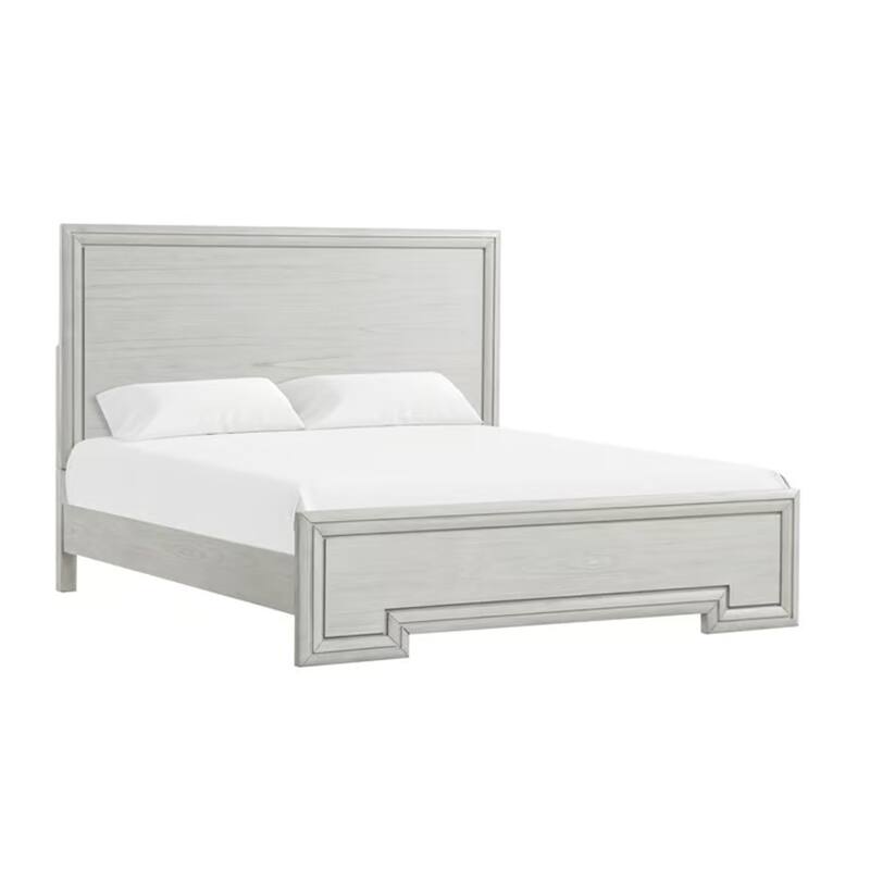 Basil King Size Bed, Rustic White Solid Wood, Transitional Panel Design