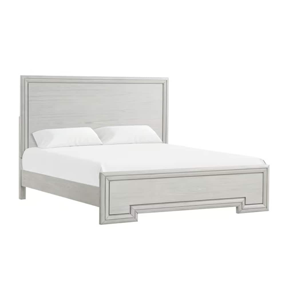 Basil King Size Bed, Rustic White Solid Wood, Transitional Panel Design