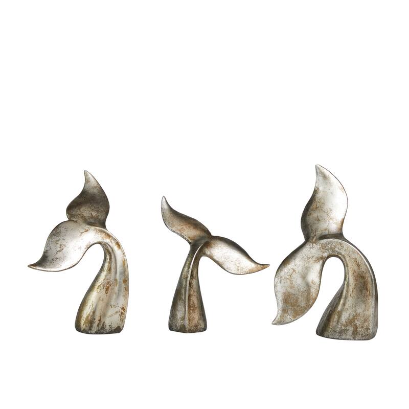 Silver Polystone Whale Decorative Sculpture with Various Sized Tails and Copper Distressing (Set of 3)