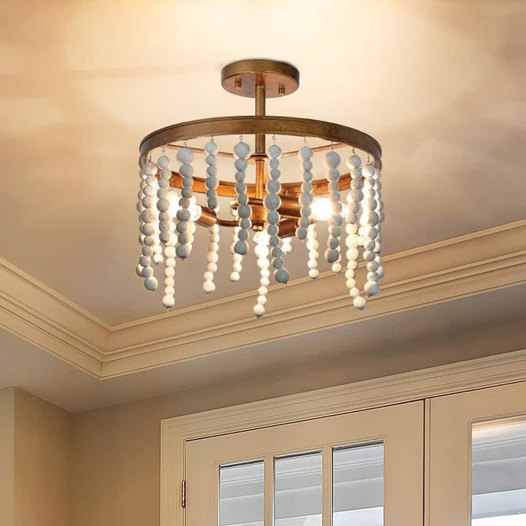 Boho Glam 3-Light Wood Beads Semi-flush Mount Ceiling Light Coastal Chandelier - Antique brass - D14"xH14"