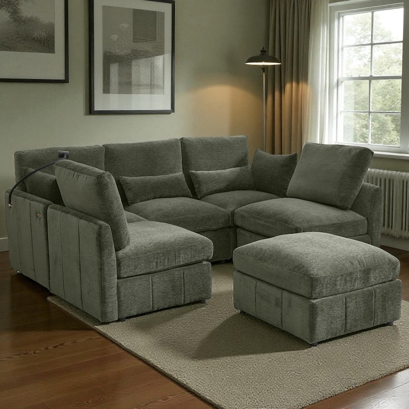 85.4" Modular Sectional Sofa with Movable Ottoman, USB Ports and Phone Holder, Chenille U-Shape Couch for Living Room