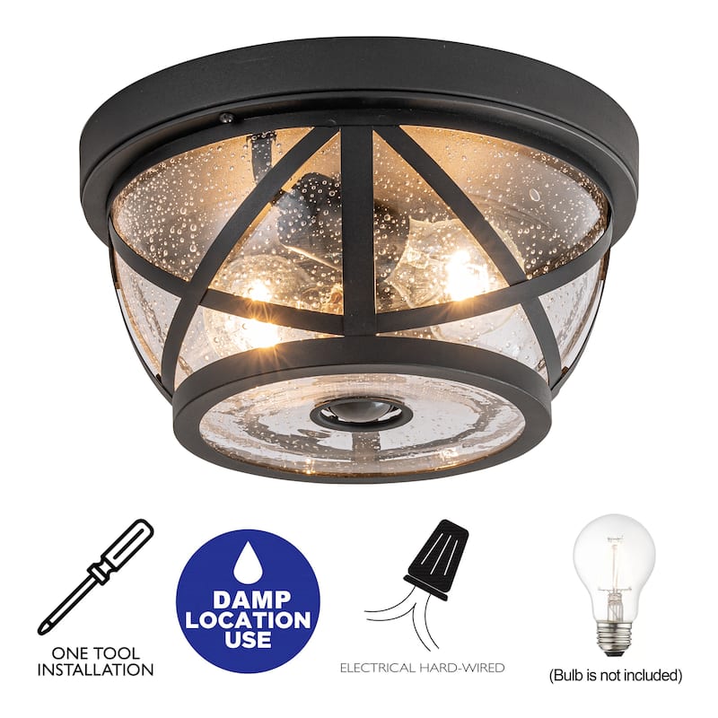 C Cattleya 2-Light Matte Black Motion Sensing Outdoor Flush Mount Light With Clear Seeded Galss