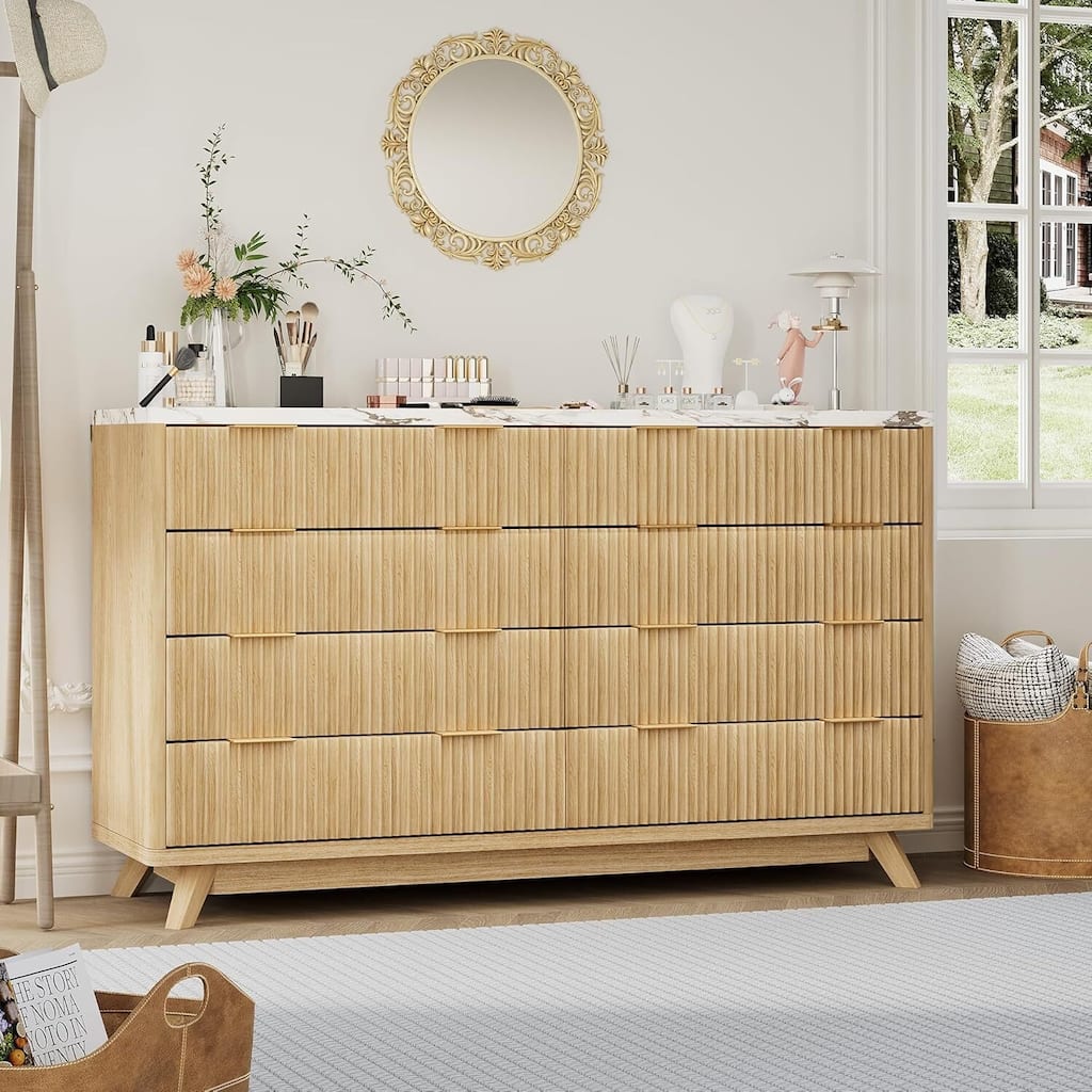 54" Wide Modern Curved Profile Fluted Dresser with 8 Drawers