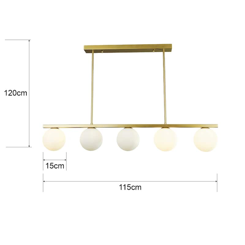 Aria Antique Brass 5-Light Linear Metal Chandelier with Globe Frosted Glass Shades