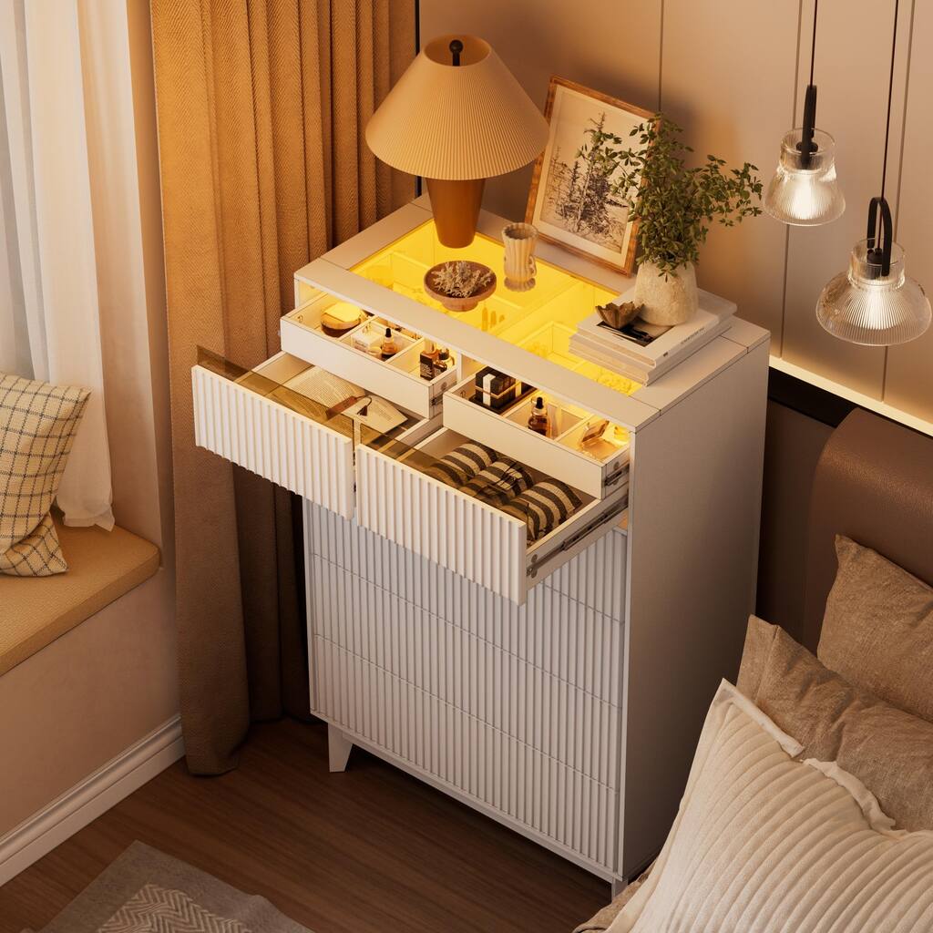 PAKASEPT Fluted 5 Drawers Dresser, Tall Modern Chest of Drawers with Glass Tabletop