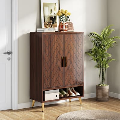 Wood and Metal 2-door Shoe Storage Cabinet with Adjustable Shelves for Entryway