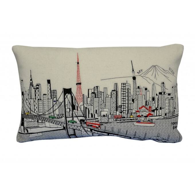 HomeRoots 14" X 24" Cream Tokyo Daylight Skyline Lumbar Decorative Pillow