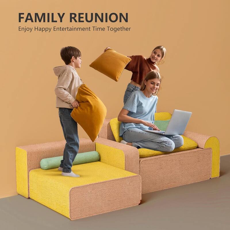 Wowmax Boneless Modular Sectional Floor Sofa, 3 Seater Foam Couch With Ottoman And Cylinder Bolster Pillow For Living Room