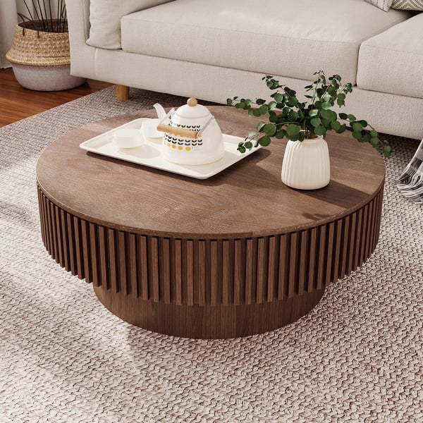 Round Coffee Table With Storage Solid Wood Veneered Modern Coffee Table For Living Room - Brown