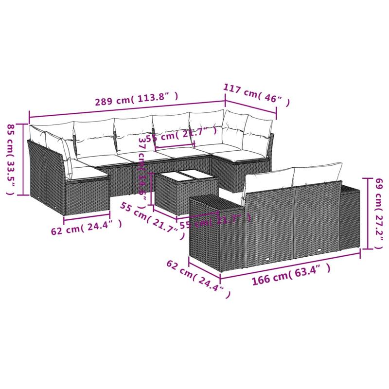 vidaXL 9/10 Piece Patio Sofa Set with Cushions Black/Brown/Gray Poly Rattan - 24.4 x 24.4 x 27.2
