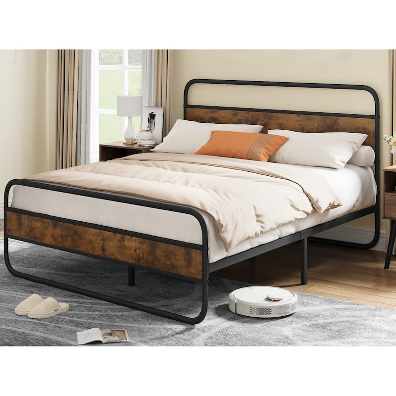 Moasis Metal Platform Bed Frame with Wooden Headboard