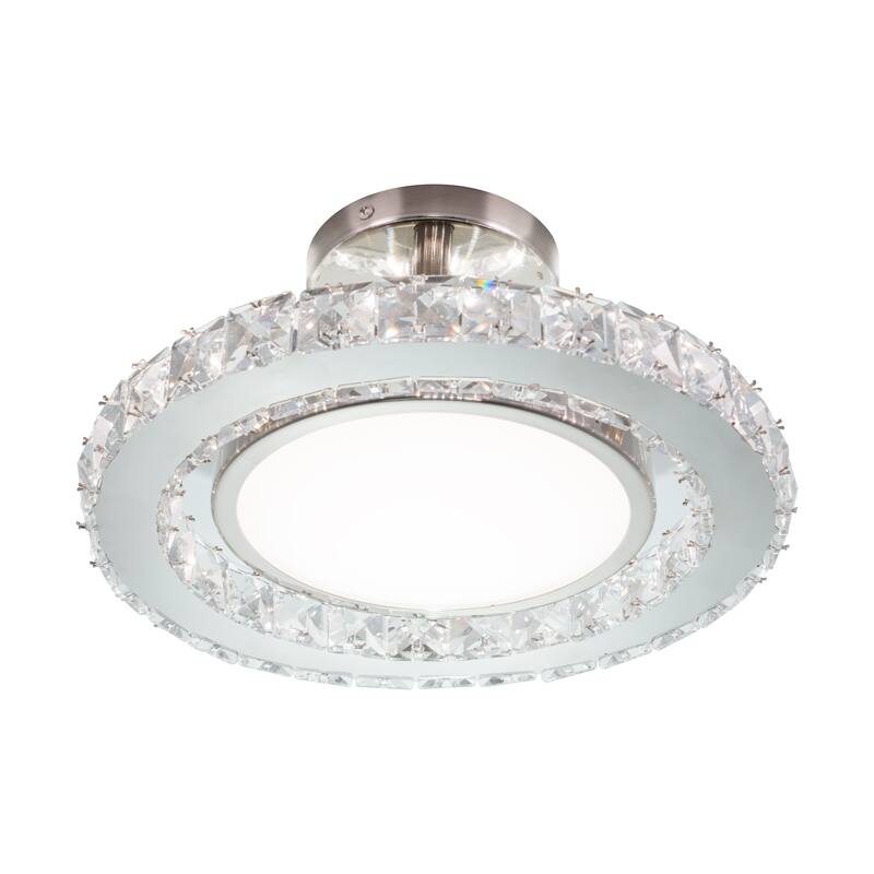 Clara 12.25-in W Integrated LED Satin Nickel Crystal Glam Semi Flush Mount Ceiling Light - 12.25-in W x 6.25-in H x 12.25-in D