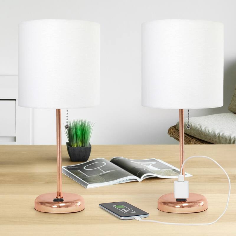 Stick Table Lamps with Drum Shade - 19.5" - Rose Gold and White - Set of 2
