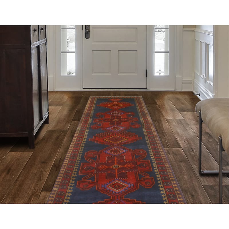 Fine Vintage Distressed Annetta Red/Navy Runner - 3'6" x 12'6"