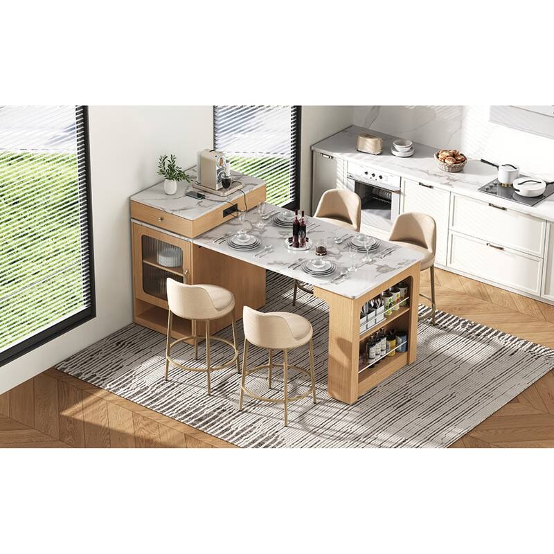 Roomfitters 59.5" Kitchen Island with 41.8" Extendable Dining Table, Double-Sided Storage, Power Outlet, 2 Drawers