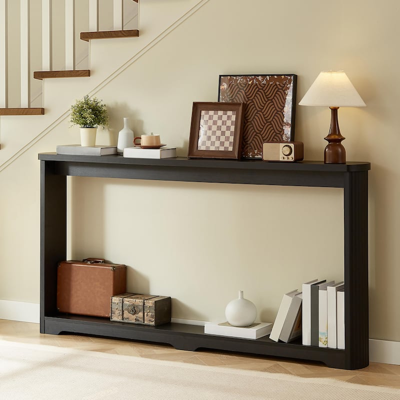 70.1 inch Corrugated Texture Storage Table Narrow Wooden Console Sofa Table Black Entrance Corridor - Black