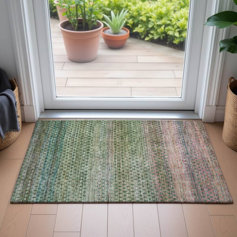 Machine Washable Indoor/Outdoor Stripe Medallions Chantille Rug