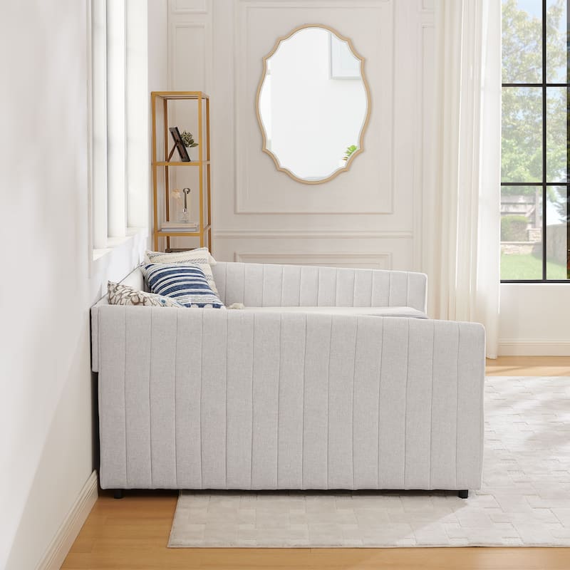 Roomfitters Queen Upholstered Daybed with Trundle and Storage Drawers, Vertical Striped Linen Sofa Bed