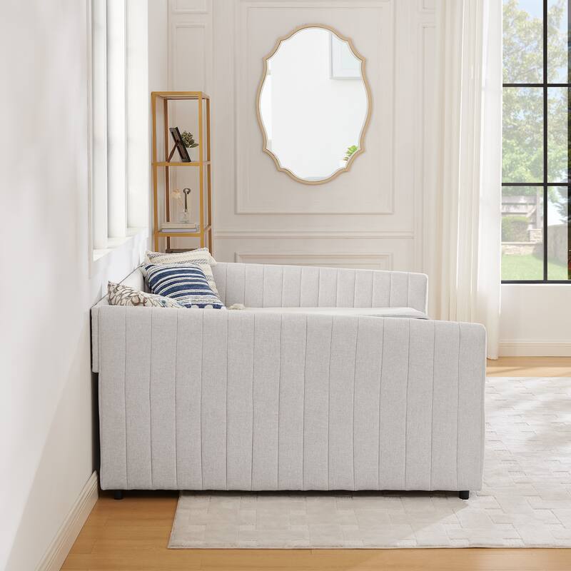 Vertical Stripe Linen Upholstered Sofa Bed Frame Queen Size Daybed U-shaped Captain Bed with Storage Drawers and Curved Arms