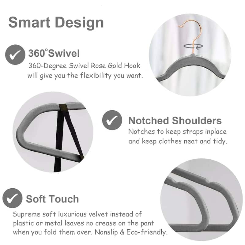 Javlergo 50/100 Pack Velvet Hangers, Heavy Duty Non Slip & Space-Saving Cloth Hangers with 6 Finger Clips & Tie Rack - 50 Packs - Grey