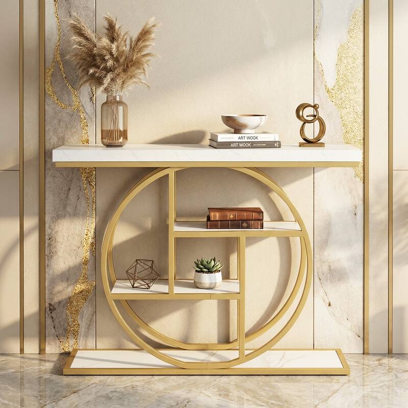 Gymax 4-Tier Console Table w/Storage Shelves Circle Base Accent Behind