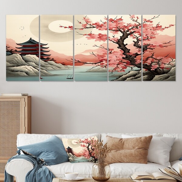 Japanese Pagoda Cherry Blossom Vintage River - Japon Landscape