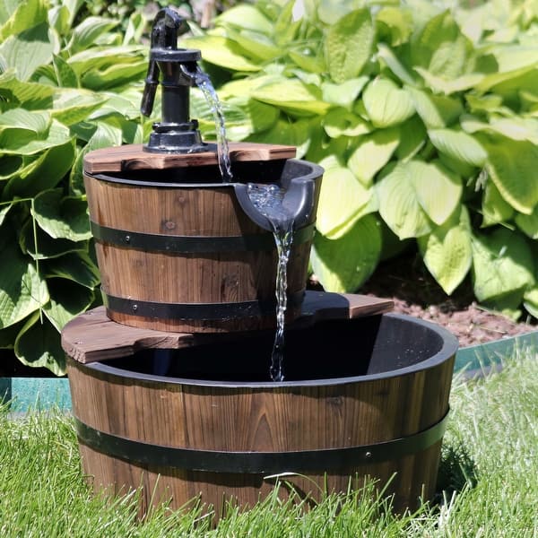 slide 2 of 7, Wooden Barrel w/ Hand Pump Outdoor Water Fountain Rustic Feature - 23"