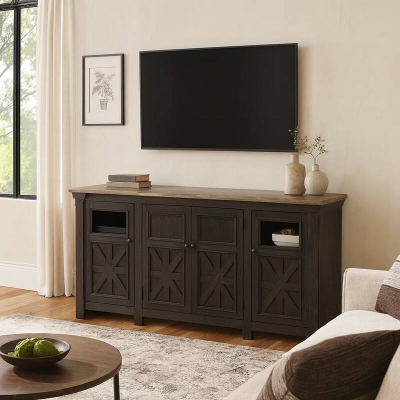 Dual Tone Wooden TV Stand with Four Cross Buck Doors Storage, Extra Large, Brown and Black