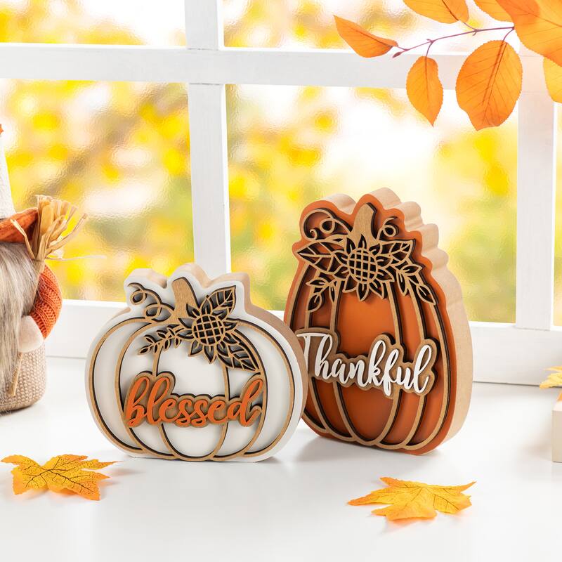 Glitzhome 8"H Set of 2 Fall Thanksgiving Wooden Pumpkin Table Decor
