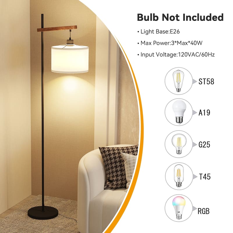 61" Wood Arched Floor Lamp With Pedal Switch, Soft Eye-Protection Light
