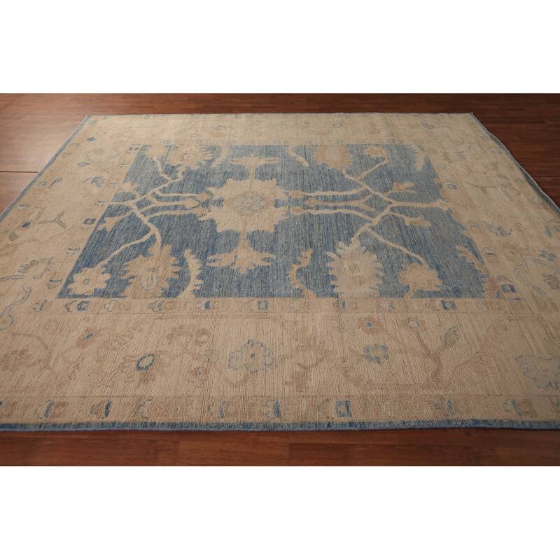 Vegetable Dye Blue Oushak Turkish Area Rug Hand-Knotted Wool Carpet - 8'2" x 9'11"