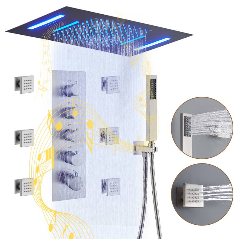 Luxury 4-Spray Patterns 23 in. Ceiling Mount Shower System with Handheld Shower Head, 6 Body Jets, LED, and Music - 15" x 23" - Brushed Nickel