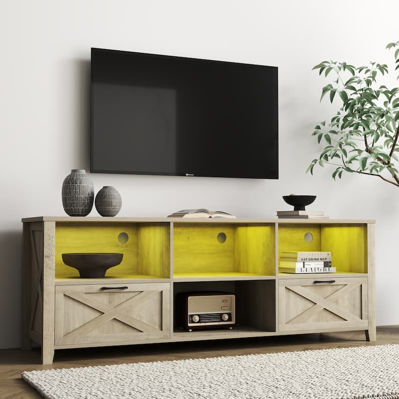Moasis 70"/59" Farmhouse TV Stand for 80"/65" TV with Outlet and Lights