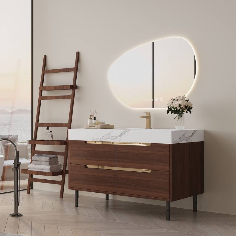 GDFStudio - Luxury 35.4" Versatile Floating/Freestanding Sintered Stone Bathroom Vanity with Ceramic Sink & Soft-Close Drawers