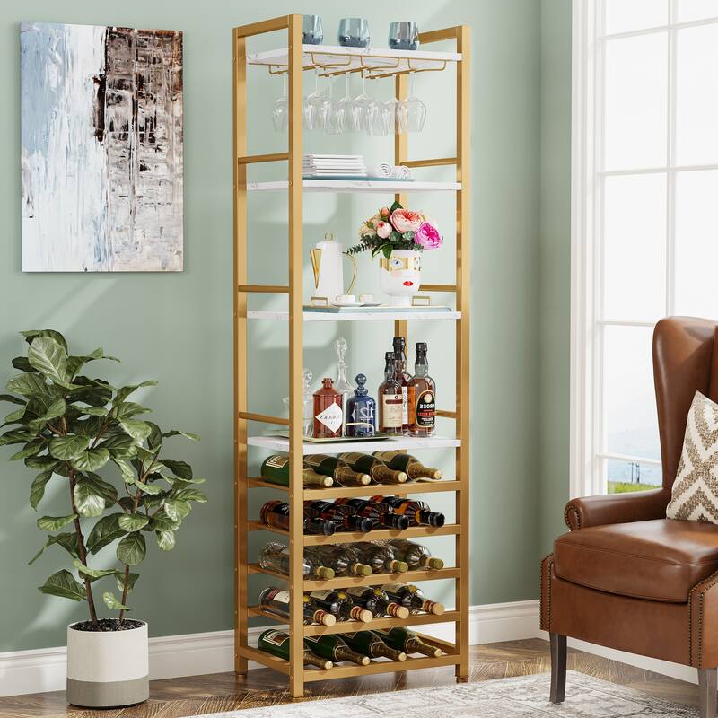 20 Bottle Freestanding Floor Wine Rack, 9 Tier Floor Liquor Cabinet with Glass Holder and Storage Shelves