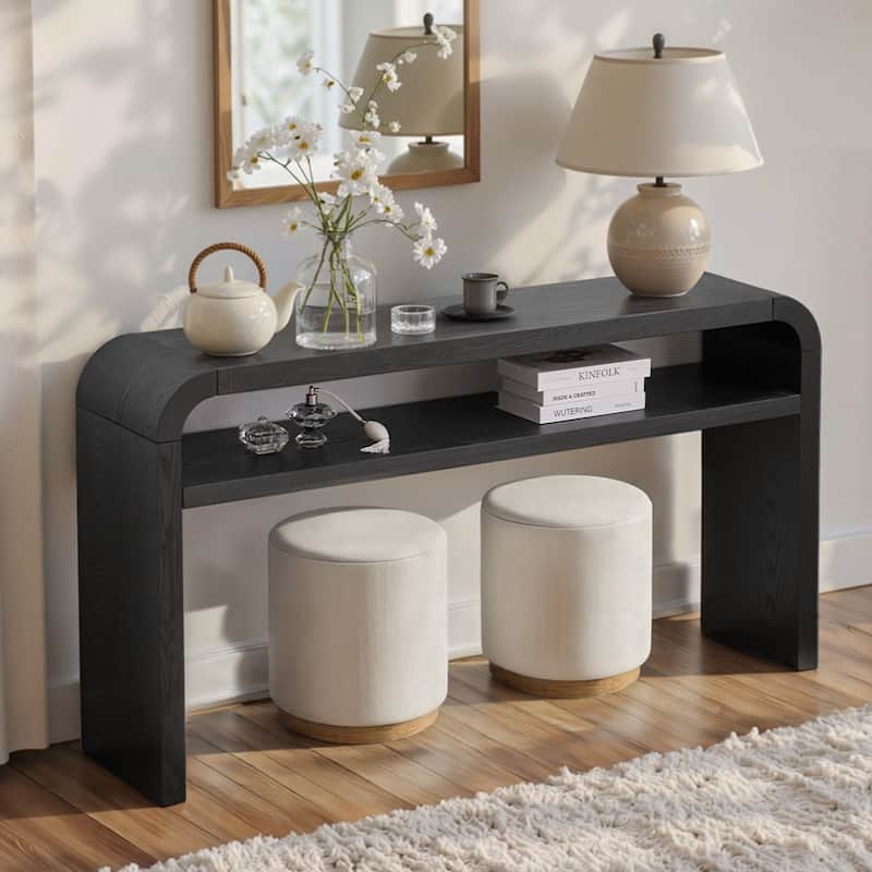 59.4" 2-Tier Curved Long Console Table with Solid Wood Veneer - 59.45"L x 13.78"W x 32.87"H