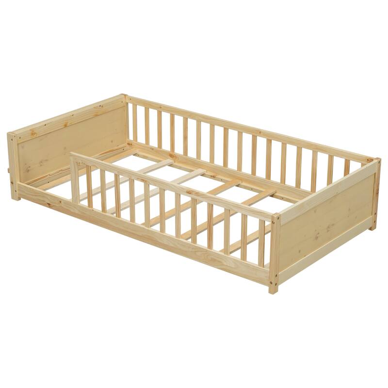 GDFStudio - Kensington Twin Floor Platform Bed with Built-in Book Storage Rack and Guardrails