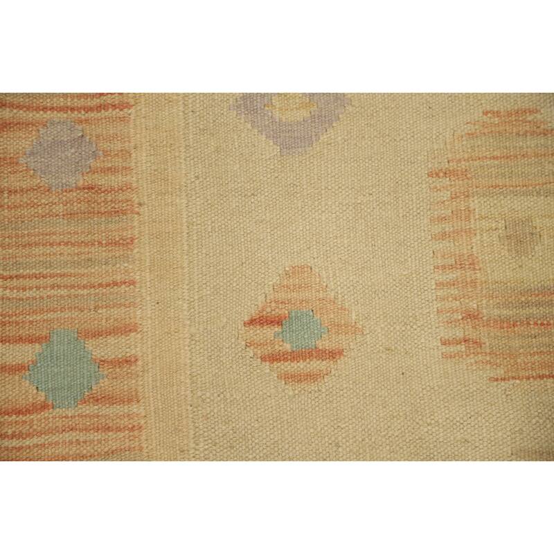 Hand Woven Oriental 100% Wool Carpet Southwestern Tribal Beige & Ivories Kilim Runner Rug - 9' 10'' X 2' 10''