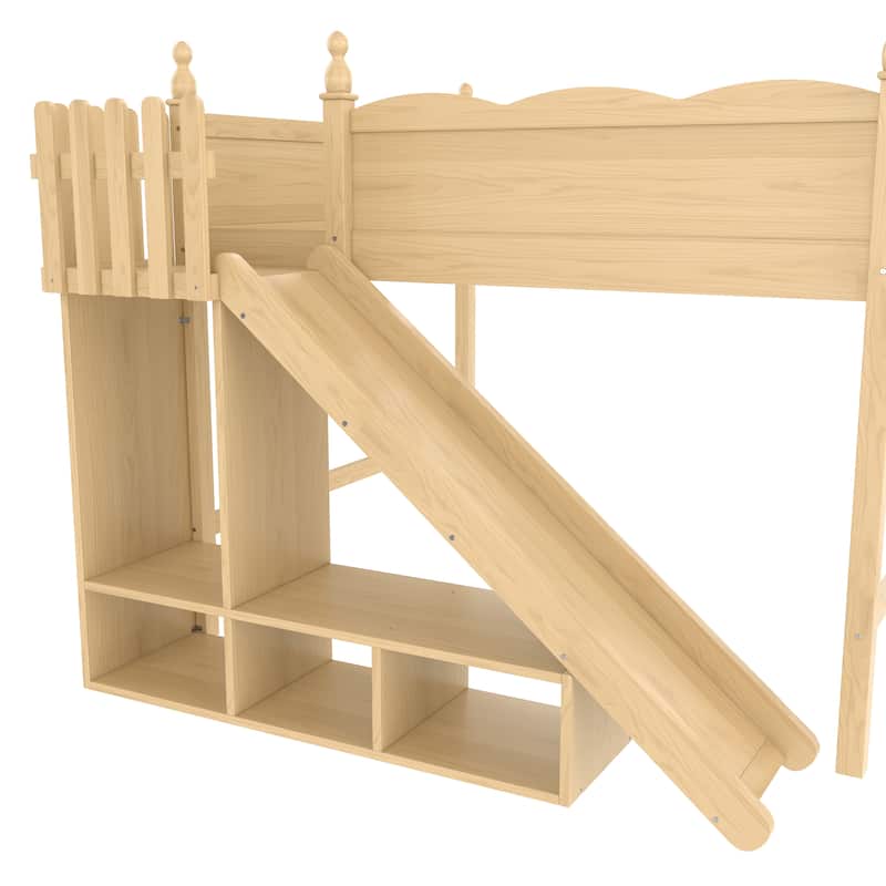 Queen/Full Size Solid Wood Loft Bed with Slide, Storage Shelves, Cabinet, Ladder & Play Area, No Box Spring Needed