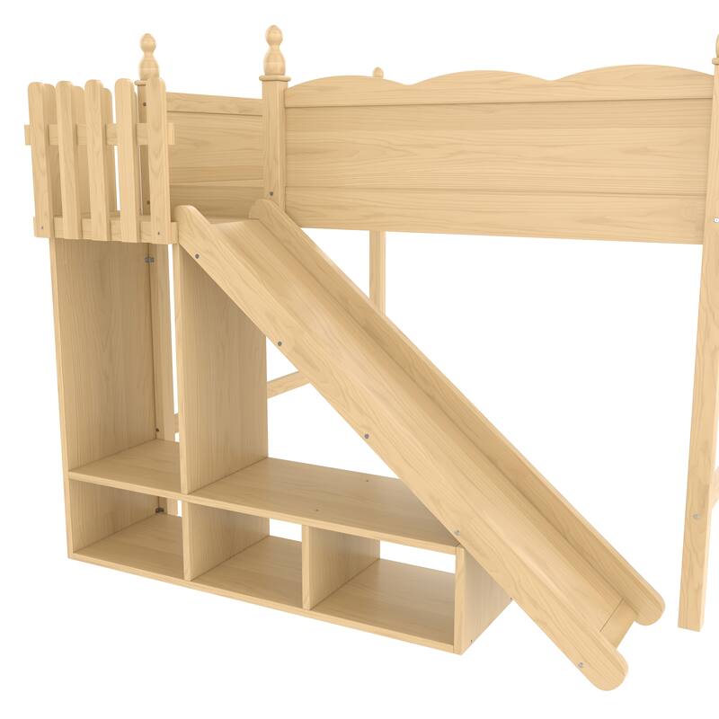 Queen Loft Bed with Storage Shelves and Cabinet, Solid Wood Loft Beds with Detachable Slide and Ladders, No Spring Box Needed