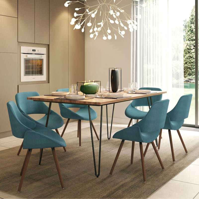 WYNDENHALL Malone Modern Industrial IV 7 Pc Dining Set with 6 Upholstered Bentwood Dining Chairs and 66 inch Wide Table - Turquoise Blue